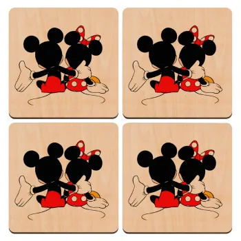 mickey and minnie hags, ΣΕΤ x4 Σουβέρ ξύλινα τετράγωνα plywood (9cm)