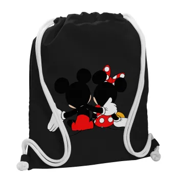 mickey and minnie hags, Backpack pouch GYMBAG Black, with pocket (40x48cm) & thick white cords