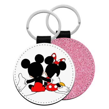 mickey and minnie hags, Μπρελόκ Δερματίνη, στρογγυλό ΡΟΖ (5cm)