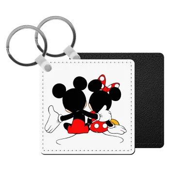 mickey and minnie hags, Μπρελόκ Δερματίνη, τετράγωνο ΜΑΥΡΟ (5x5cm)