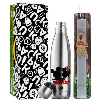 mickey and minnie hags, Easter Set, metallic stainless thermos flask (500ml) & scented flat Easter candle (30cm) (GRAY)