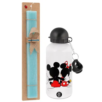 mickey and minnie hags, Easter Set, metallic aluminum water bottle (500ml) & scented flat candle (30cm) (TURQUOISE)