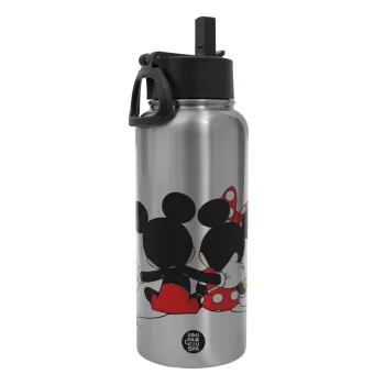 mickey and minnie hags, Metal mug thermo Silver with Straw and Spout Lid (Stainless steel), double wall, 950ml