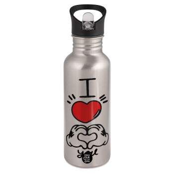 comics hands love, Water bottle Silver with straw, stainless steel 600ml