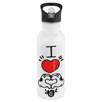 comics hands love, White water bottle with straw, stainless steel 600ml