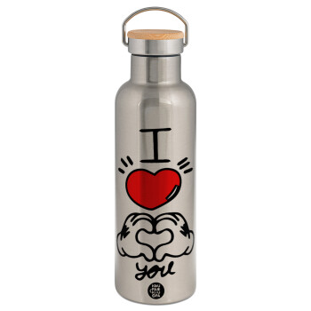comics hands love, Stainless steel Silver with wooden lid (bamboo), double wall, 750ml