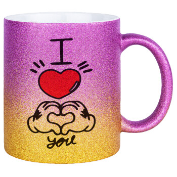 comics hands love, Κούπα Χρυσή/Ροζ Glitter, κεραμική, 330ml