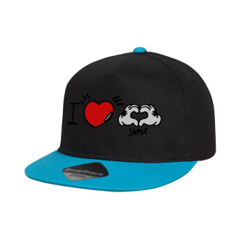 comics hands love, Καπέλο παιδικό Flat Snapback, Μαύρο/Μπλε (100% ΒΑΜΒΑΚΕΡΟ, ΠΑΙΔΙΚΟ, UNISEX, ONE SIZE)