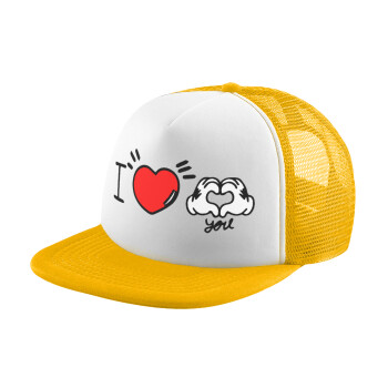 comics hands love, Adult Soft Trucker Hat with Yellow/White Mesh (POLYESTER, ADULT, UNISEX, ONE SIZE)