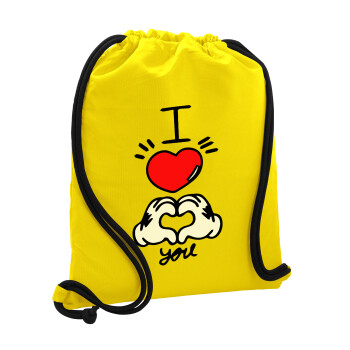 comics hands love, Backpack pouch GYMBAG Yellow, with pocket (40x48cm) & thick cords