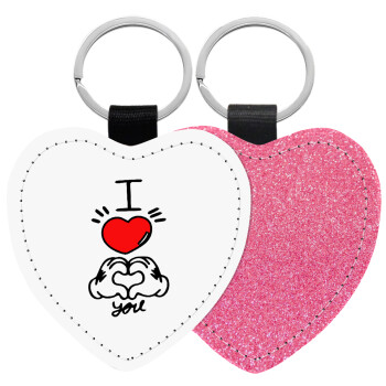 comics hands love, Μπρελόκ PU δερμάτινο glitter καρδιά ΡΟΖ