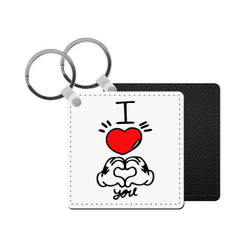 comics hands love, Μπρελόκ Δερματίνη, τετράγωνο ΜΑΥΡΟ (5x5cm)