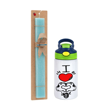 comics hands love, Easter Set, Children's thermal stainless steel bottle with safety straw, green/blue (350ml) & aromatic flat Easter candle (30cm) (TURQUOISE)