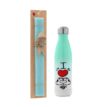 comics hands love, Easter Set, Metallic green/white thermos (Stainless steel), double-walled, 500ml & scented flat Easter candle (30cm) (TURQUOISE)