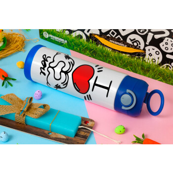 comics hands love, Easter candle, Childrens hot water bottle, stainless steel, with safety straw, BLUE (500ml)