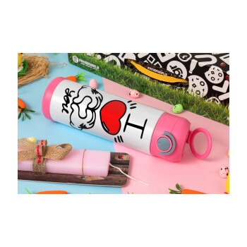 comics hands love, Easter candle, Childrens hot water bottle, stainless steel, with safety straw, PINK (500ml)