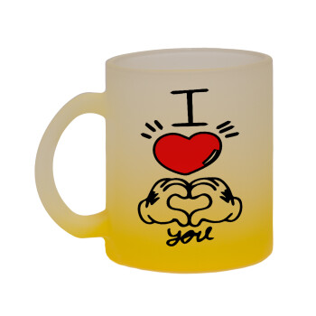 comics hands love, Κούπα γυάλινη δίχρωμη με βάση το κίτρινο ματ, 330ml