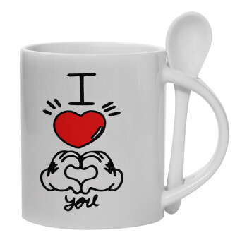 comics hands love, Ceramic coffee mug with Spoon, 330ml (1pcs)