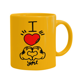 comics hands love, Ceramic coffee mug yellow, 330ml (1pcs)