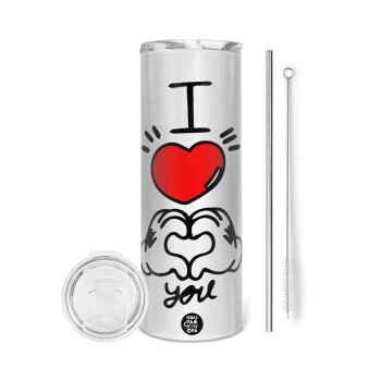 comics hands love, Eco friendly stainless steel tumbler 600ml, with metal straw & cleaning brush