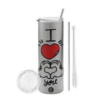 comics hands love, Eco friendly stainless steel Silver tumbler 600ml, with metal straw & cleaning brush
