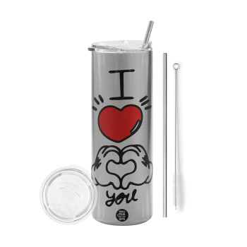 comics hands love, Tumbler stainless steel Silver 600ml, with metal straw & cleaning brush