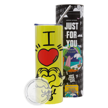 comics hands love, Neon Yellow Travel Tumbler, with metal straw (Stainless steel 304 Food grade, BPA free, 600ml)