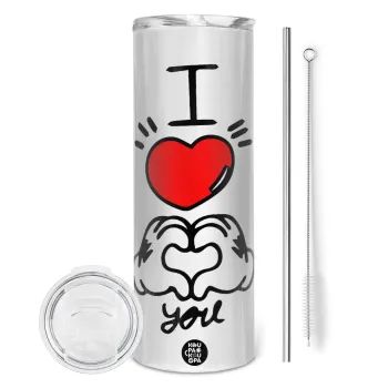 comics hands love, Tumbler ποτήρι θερμό από ανοξείδωτο ατσάλι 600ml, με μεταλλικό καλαμάκι & βούρτσα καθαρισμού