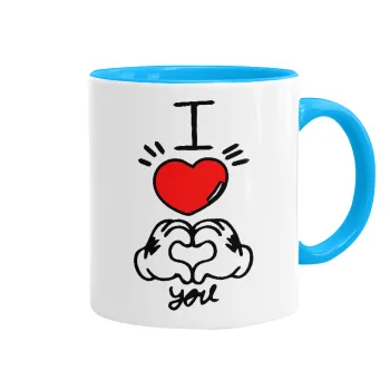 comics hands love, Κούπα χρωματιστή γαλάζια, κεραμική, 330ml