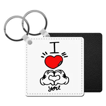 comics hands love, Μπρελόκ Δερματίνη, τετράγωνο ΜΑΥΡΟ (5x5cm)