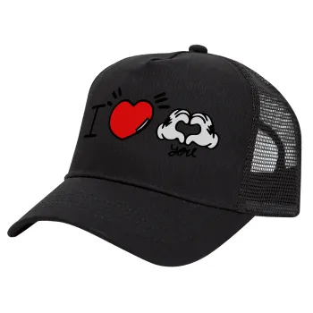 comics hands love, Καπέλο Trucker με Δίχτυ, Μαύρο, (ΒΑΜΒΑΚΕΡΟ, ΠΑΙΔΙΚΟ, UNISEX, ONE SIZE)