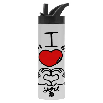 comics hands love, Metallic thermos bottle with straw & handle, stainless steel (Stainless steel 304), double-walled, 600ml.