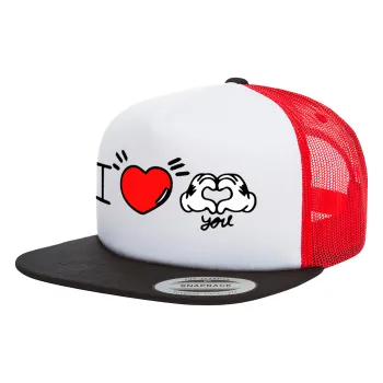 comics hands love, Adult Foam Flat Snapback with Mesh Black-White-Red (POLYESTER, ADULT, UNISEX, ONE SIZE)