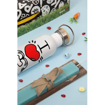 comics hands love, Πασχαλινή Λαμπάδα με παγούρι μεταλλικό Ασημένιο αλουμινίου (500ml) & κερί αρωματικό πλακέ (30cm) (ΤΙΡΚΟΥΑΖ)