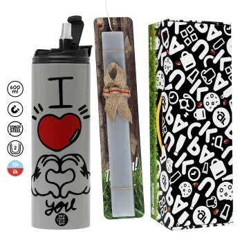 comics hands love, Πασχαλινή Λαμπάδα με Travel Tumbler θερμό (600ml, BPA free) & κερί αρωματικό πλακέ (30cm) (ΓΚΡΙ)
