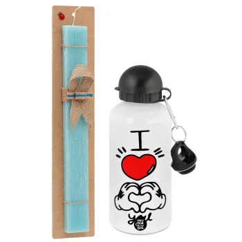 comics hands love, Easter Set, metallic aluminum water bottle (500ml) & scented flat candle (30cm) (TURQUOISE)