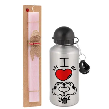 comics hands love, Easter Set, metallic Silver aluminum water bottle (500ml) & scented flat Easter candle (30cm) (PINK)