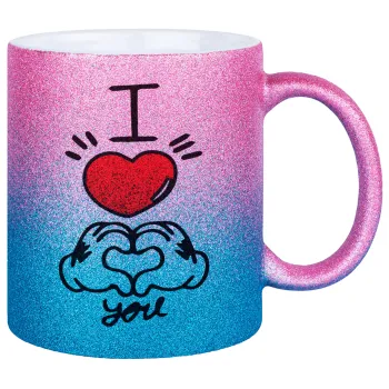 comics hands love, Κούπα Χρυσή/Μπλε Glitter, κεραμική, 330ml