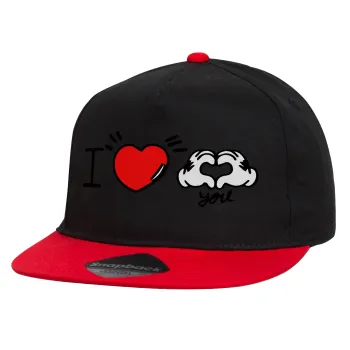 comics hands love, Καπέλο παιδικό Flat Snapback, Μαύρο/Κόκκινο (100% ΒΑΜΒΑΚΕΡΟ, ΠΑΙΔΙΚΟ, UNISEX, ONE SIZE)