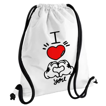 comics hands love, Τσάντα πλάτης πουγκί GYMBAG λευκή, με τσέπη (40x48cm) & χονδρά κορδόνια