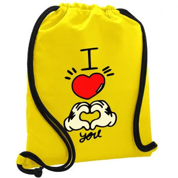 comics hands love, Backpack pouch GYMBAG Yellow, with pocket (40x48cm) & thick cords
