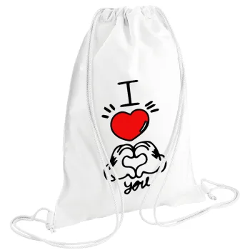 comics hands love, Τσάντα πλάτης πουγκί GYMBAG λευκή (28x40cm)