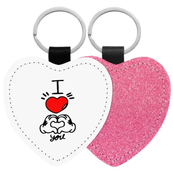 comics hands love, Μπρελόκ PU δερμάτινο glitter καρδιά ΡΟΖ