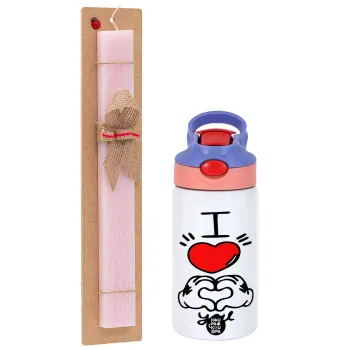 comics hands love, Easter Set, Children's thermal stainless steel water bottle with safety straw, pink/purple (350ml) & Easter scented flat candle (30cm) (PINK)