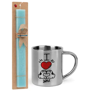 comics hands love, Easter Set, metallic thermal cup (300ml) & aromatic flat Easter candle (30cm) (TURQUOISE)