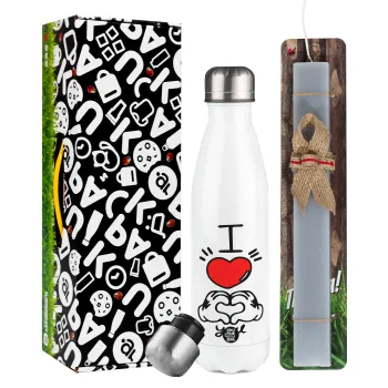 comics hands love, Easter candle, metallic white thermos bottle (500ml) & aromatic flat candle (30cm) (GRAY)