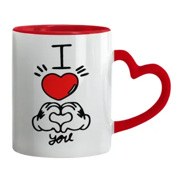 comics hands love, Mug heart red handle, ceramic, 330ml