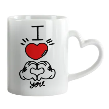 comics hands love, Mug heart handle, ceramic, 330ml