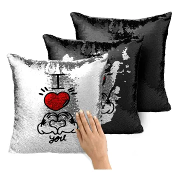 comics hands love, Μαξιλάρι καναπέ Μαγικό Μαύρο με πούλιες 40x40cm περιέχεται το γέμισμα