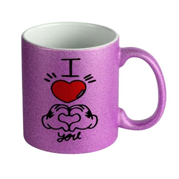 comics hands love, Κούπα Μωβ Glitter που γυαλίζει, κεραμική, 330ml